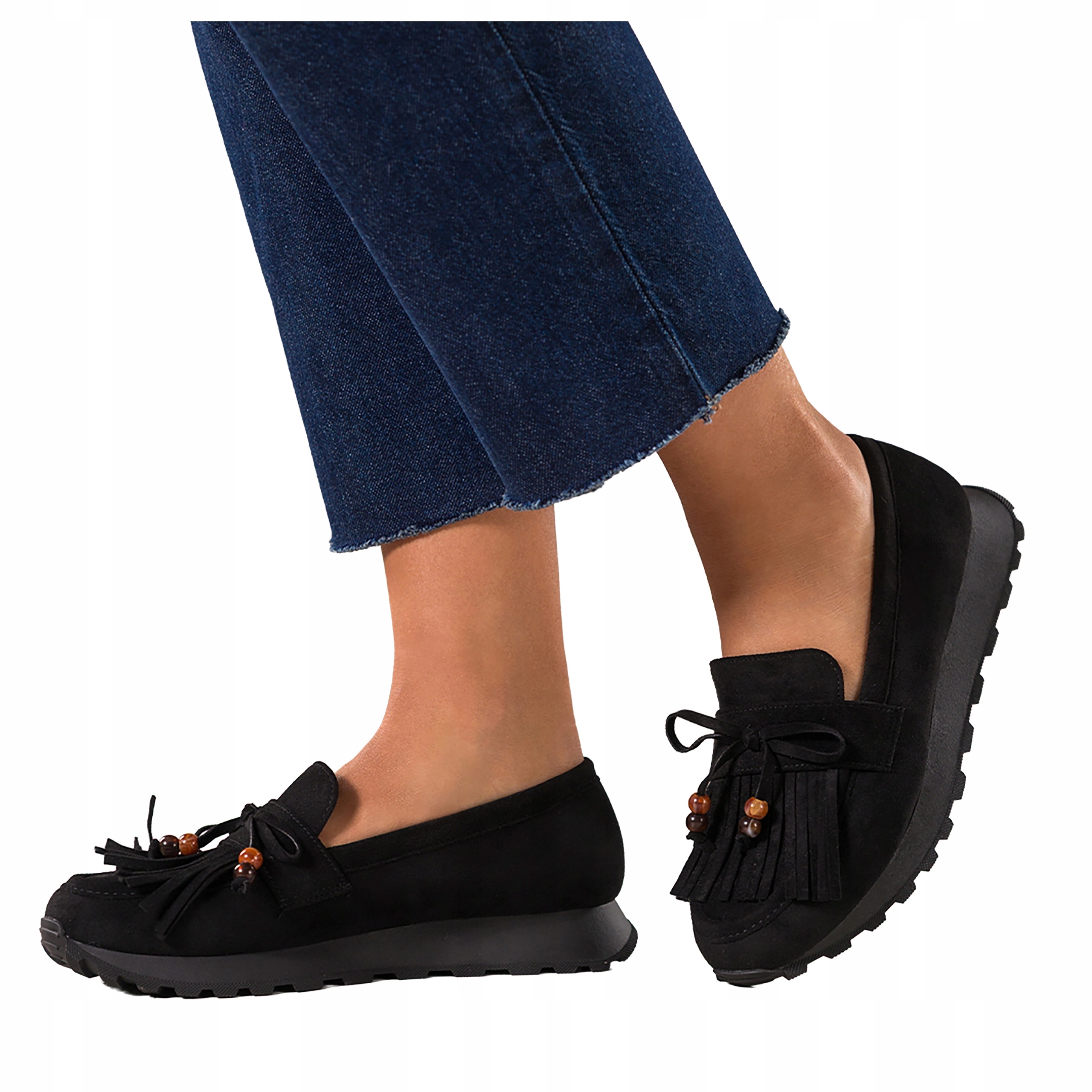 Mokasíny Černé Dámské Na Platformě Ozdobné Třásně Mašle Korálky r 37