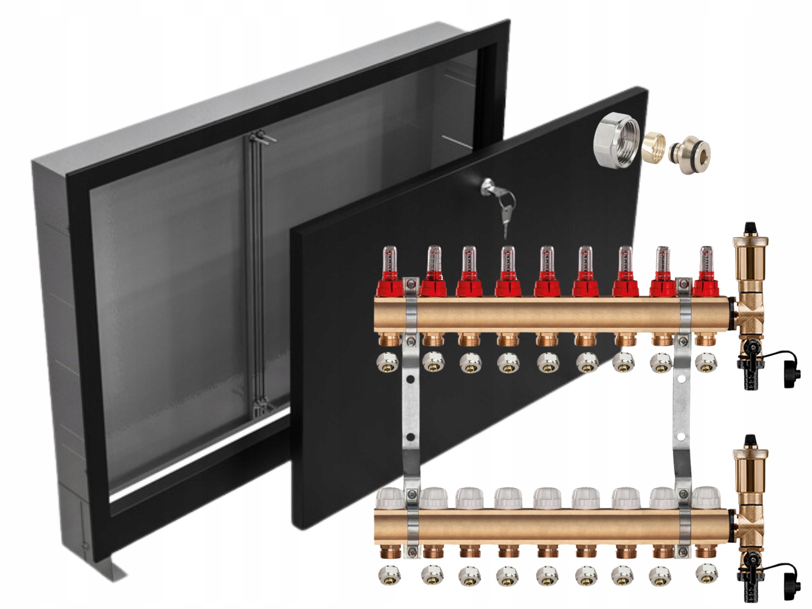 Mosazný Rozdělovač 9 Sekcí Pex Konektory Podomítková Skříňka Černá