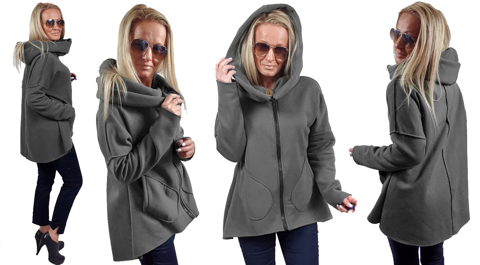 

Asymetryczna Bluza Tunika Kardigan Komin Kaptur U