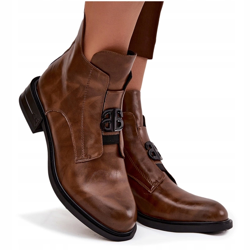 Dámské Kotníkové Boty Přírodní Zateplená Kůže Nízký Ozdobný Podpatek Detail Hnědá 36