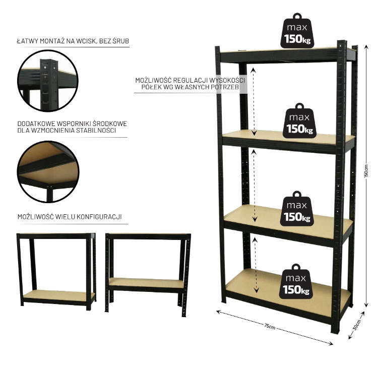 Garážový regál 150x75x30 cm 4 police x150 kg Kovový silný skladovací Mdf