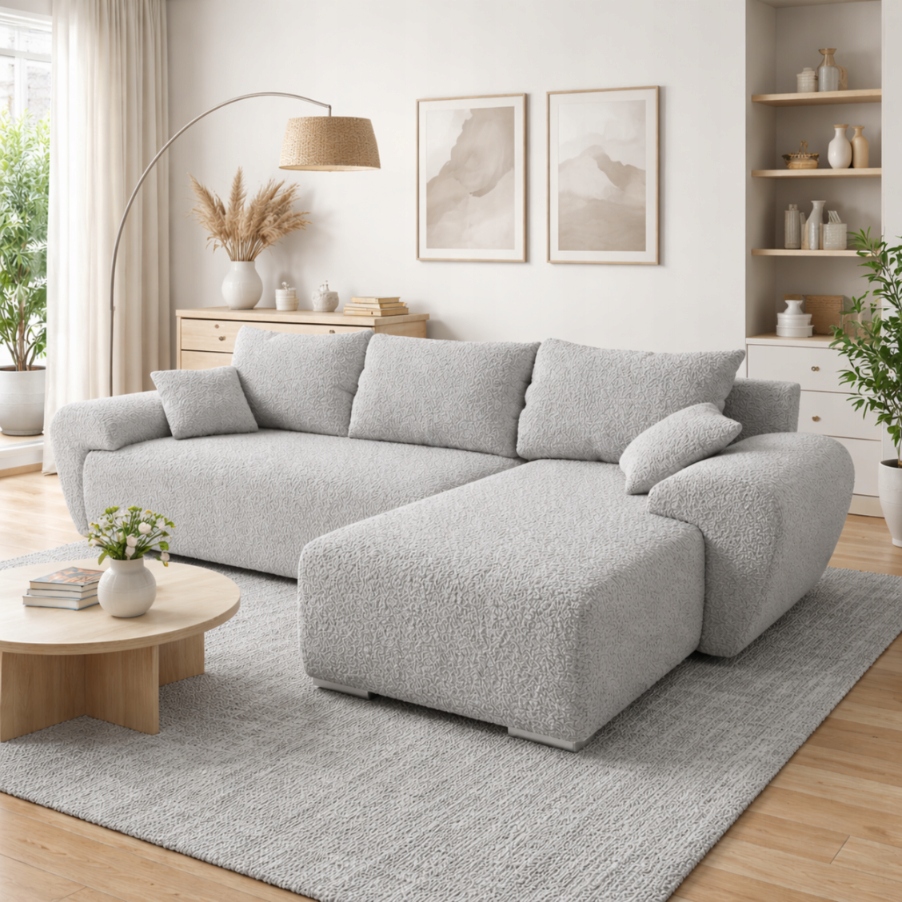 Rohová Sedací Souprava s funkcí spaní Nesto Pravá Boucle Šedá Rohová Sedačka rozkládací