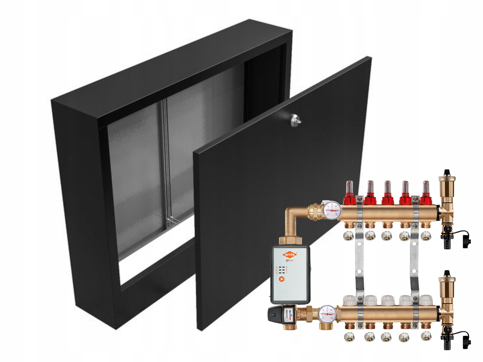 Mosazný Rozdělovač Podlahovky 5+ČERPADLO Vítá+nástěnná Skříňka Černá+pex