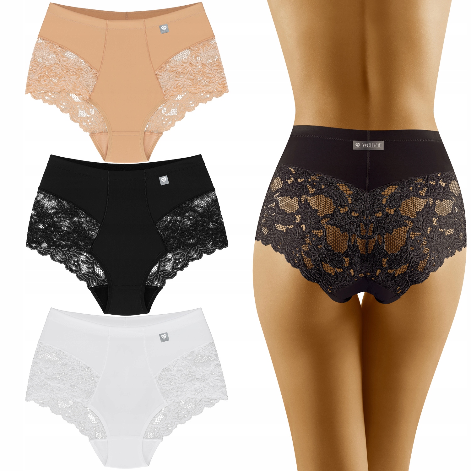 Wolbar 3506 Kalhotky Kalhotky vysoké 3-balení krajka béžová-černá-bílá XL