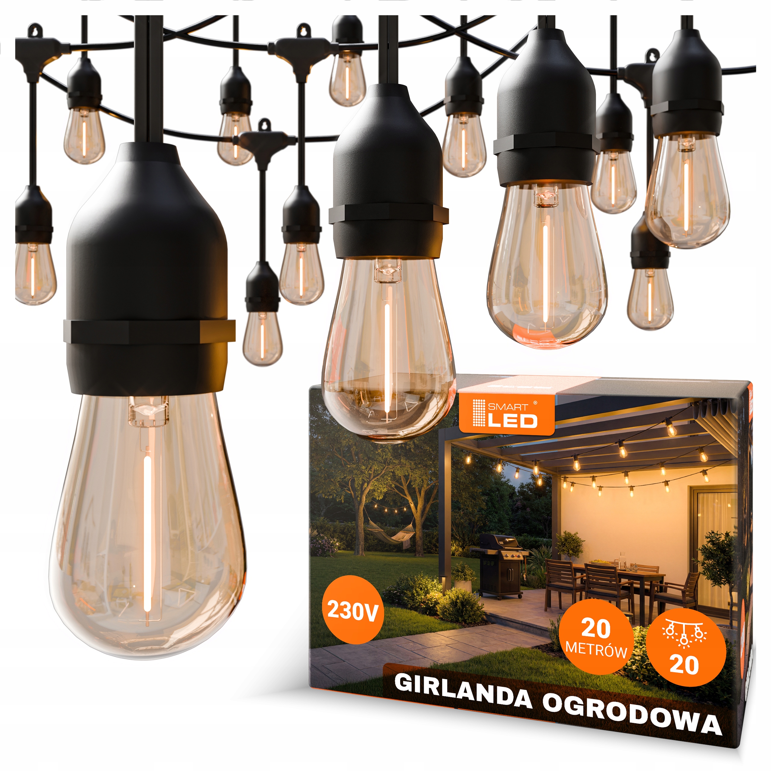Zahradní světelná girlanda 20M 20X Led žárovka E27 vodotěsný kabel
