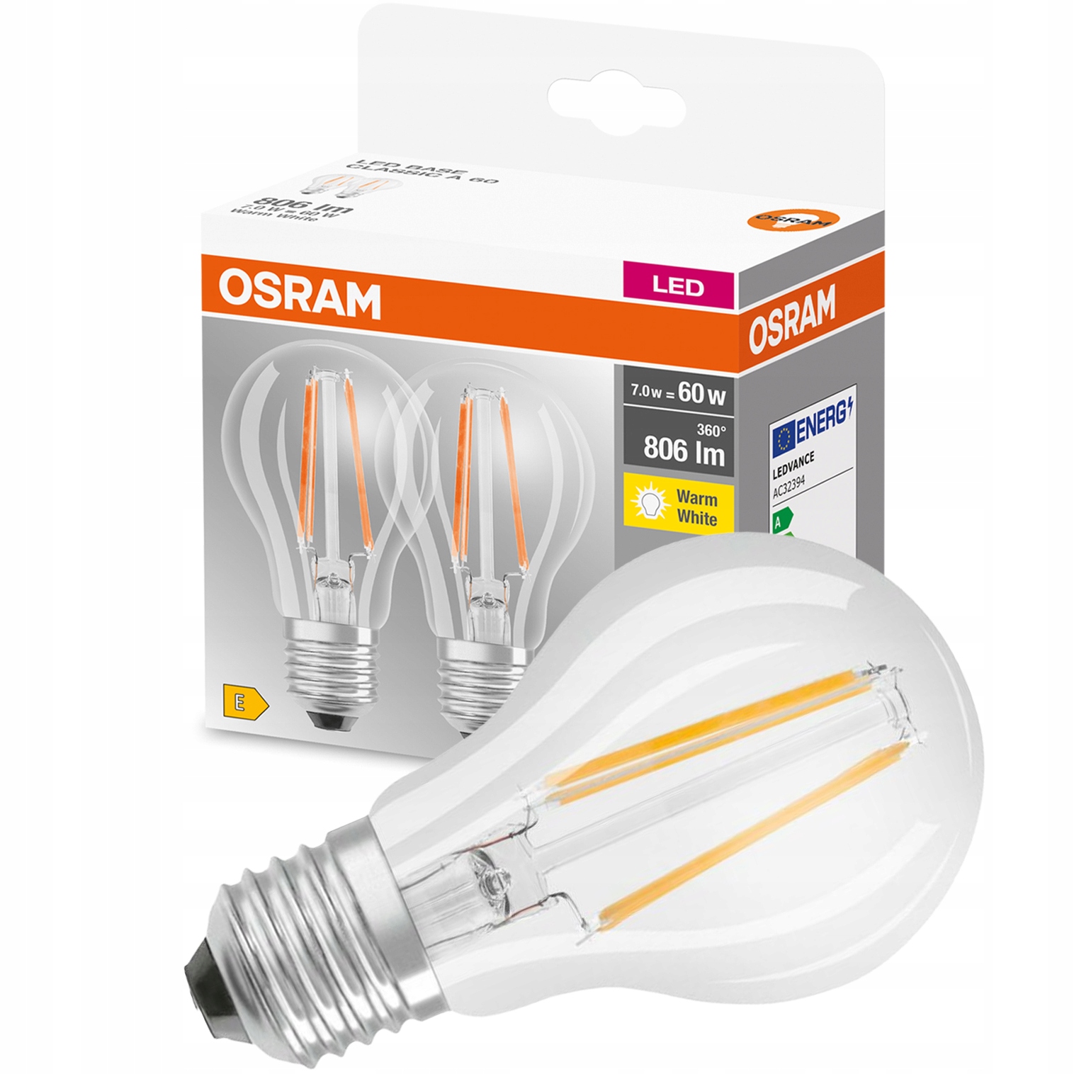 

Żarówka Led E27 7W 60W 2700K Filament Osram 2PAK
