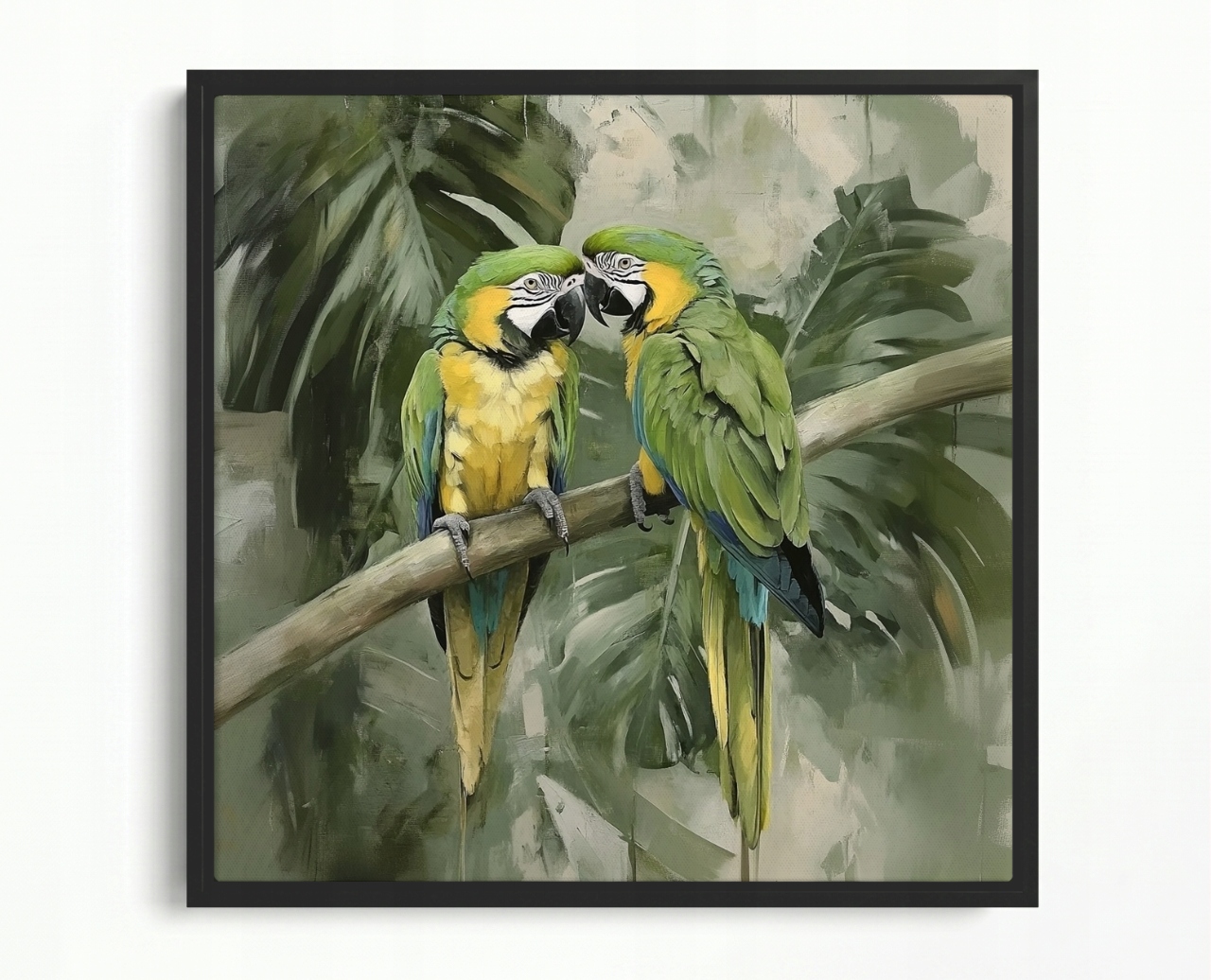 Obraz Rám Americký Box Příroda Pták Papoušek Ara Dřevo Palma Monstera 40x40