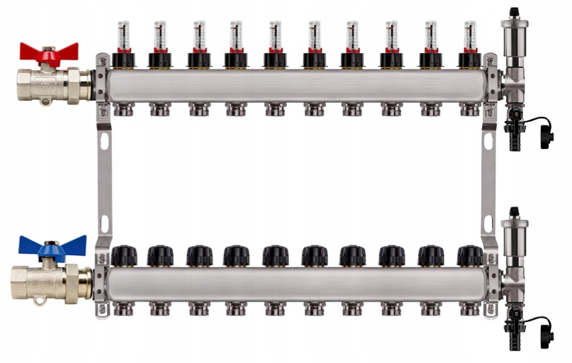 Rozdělovač Pro Podlahovku 10 Nerezových Okruhů Jednoduchý Poniklovaný Ventil