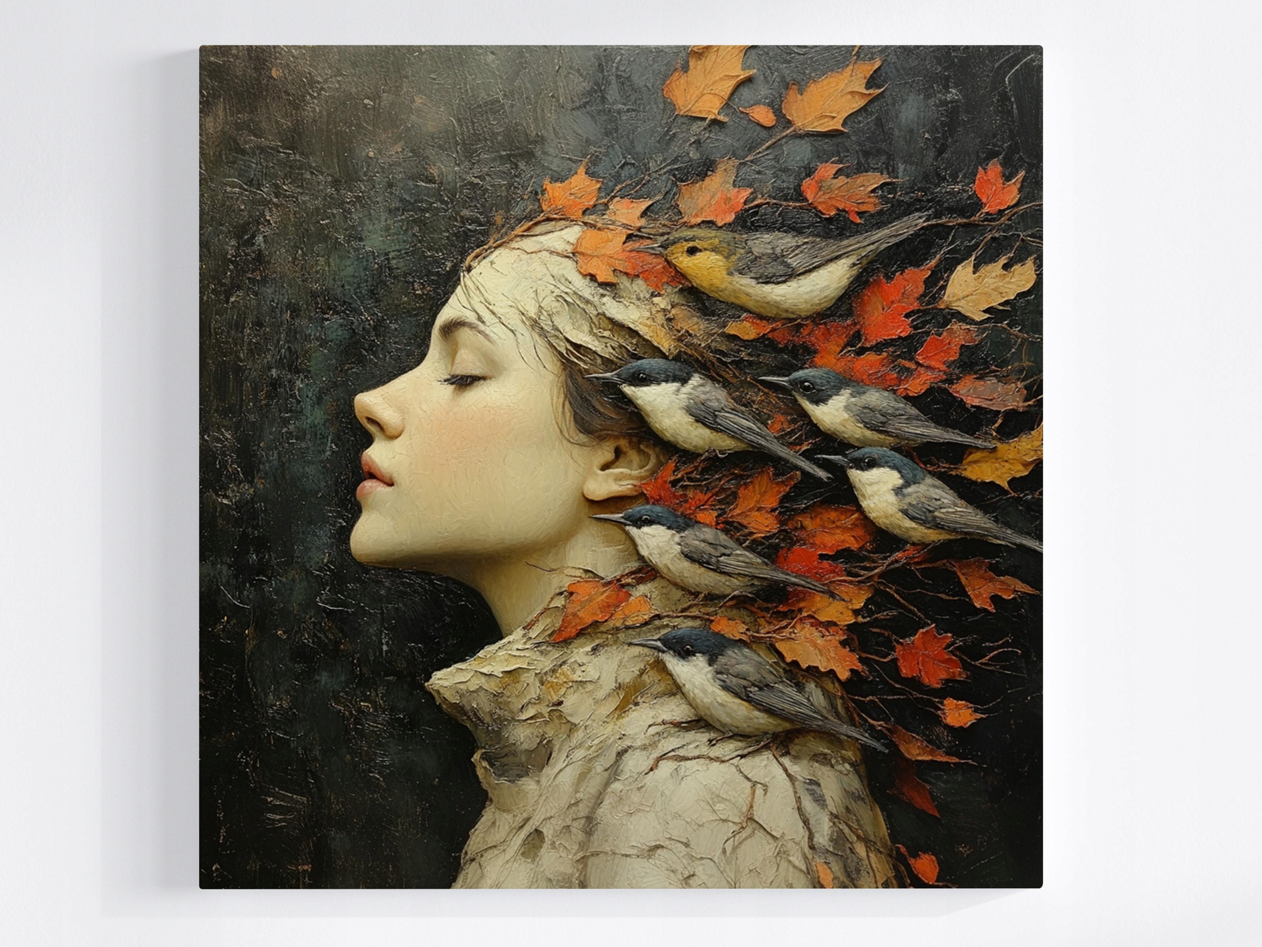 Obraz Na Plátně Canvas Portrét Profil Žena Listy Ptáci Podzim 80x80