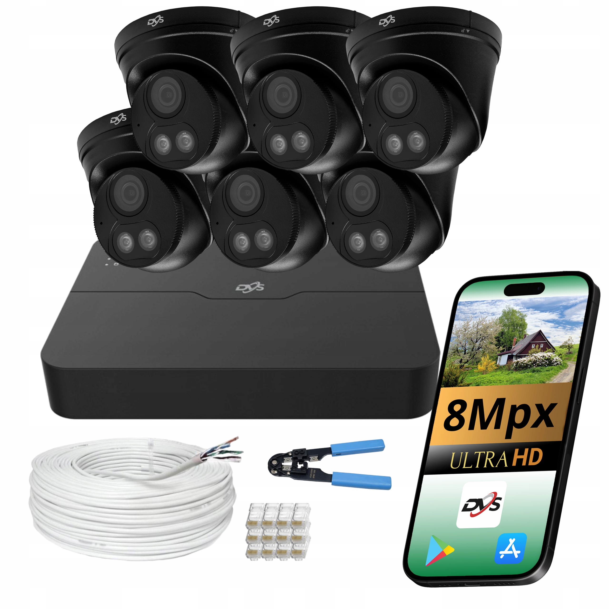 Ip PoE monitorování 6 černých kopulovitých kamer 8Mpx barva v noci sada