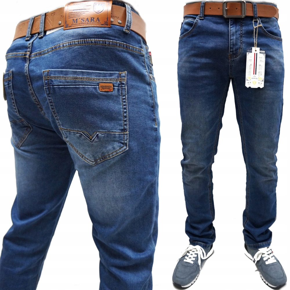 M.sara Pánské Džínové Kalhoty Klasické, Tmavě Modré, Elastické, Pásek W35 L32