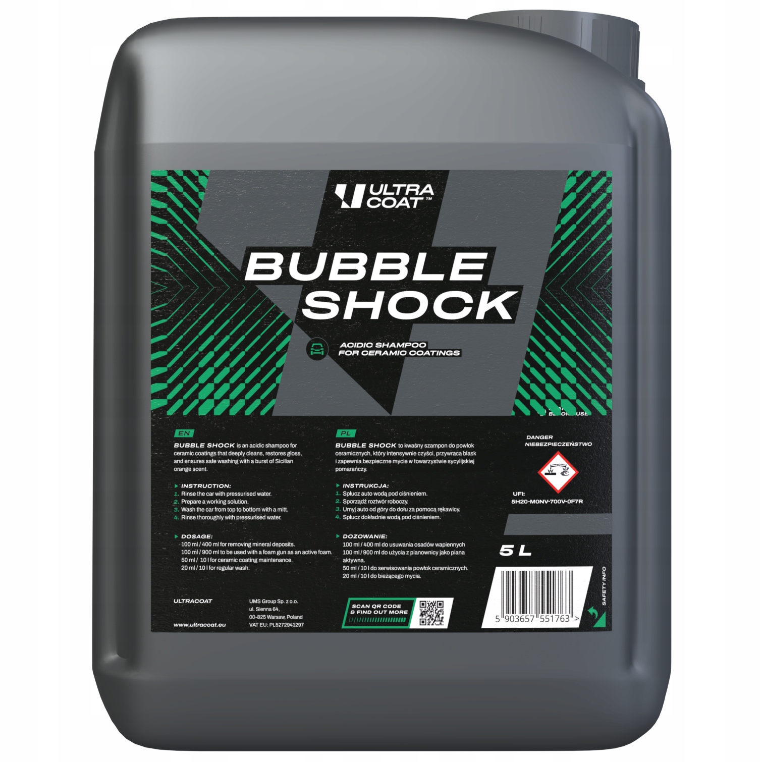 ULTRACOAT _ BUBBLE SHOCK 5L - KWAŚNY SZAMPON DO POWIERZCHNI Z POWŁOKAMI