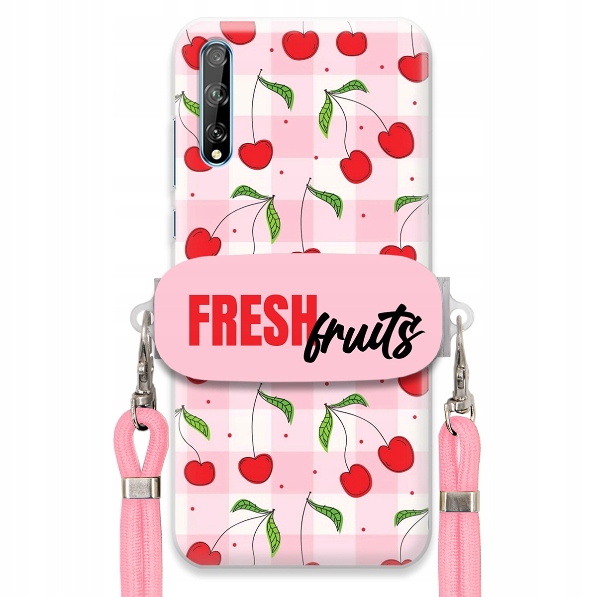Puzdro pre Huawei Y8P držiak na šnúrku Ružový Fresh Fruits Mriežka Ovocie