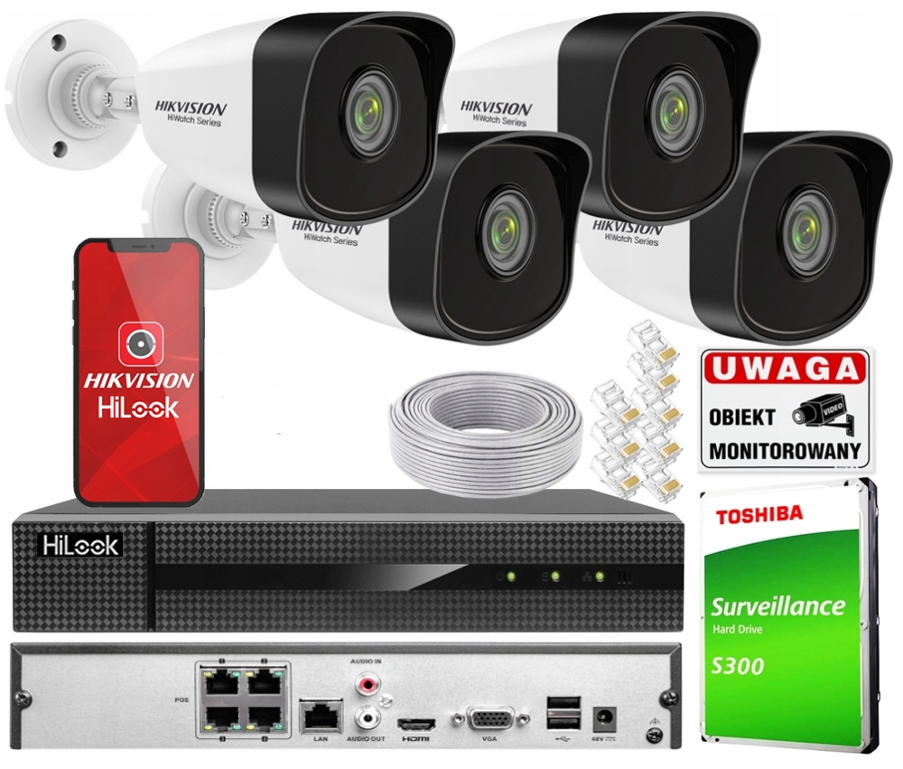 Sada monitorování Ip 4Mpx 4 kamery PoE Hikvision rekordér HiLook 1TB