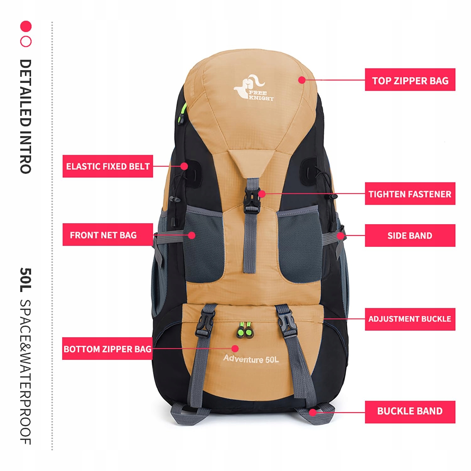 Bseash 50L Lekki Wodoodporny Plecak Turystyczny, Outdoor GOLD — miniatura 6
