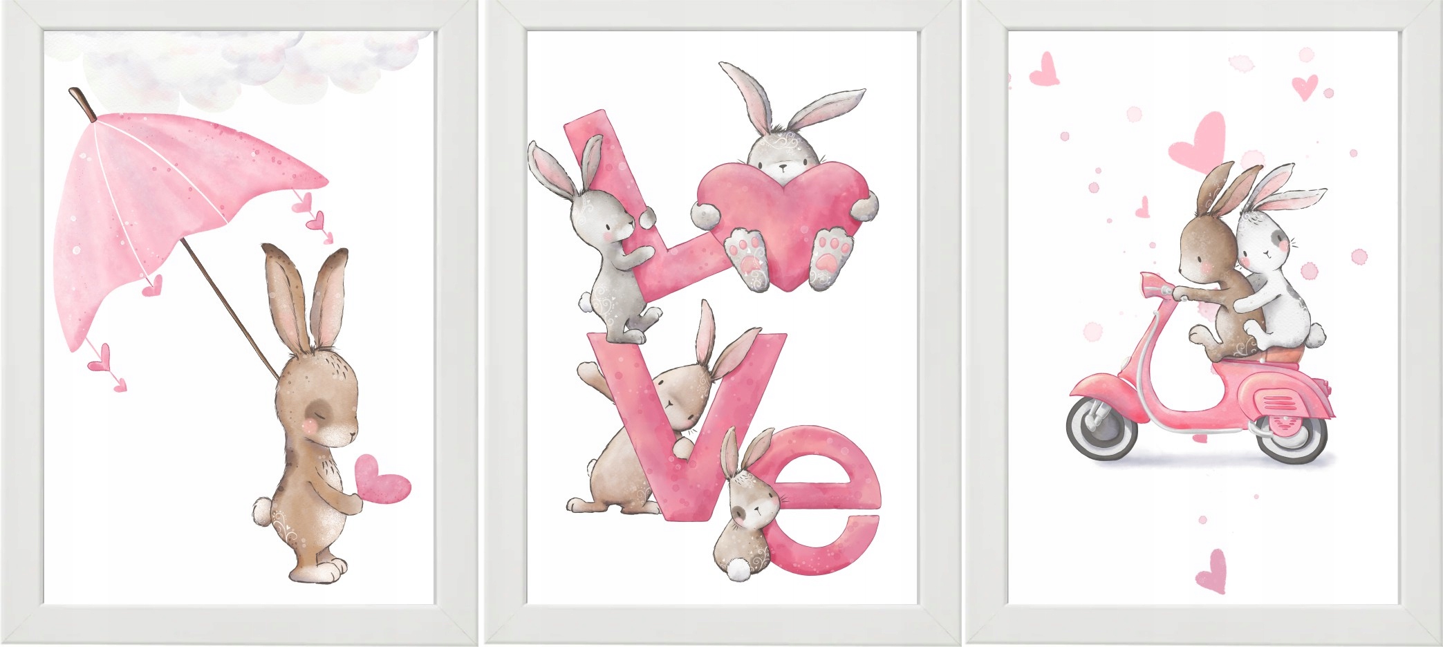 

Zestaw 3 Obrazki Plakaty A4 serca króliczki
