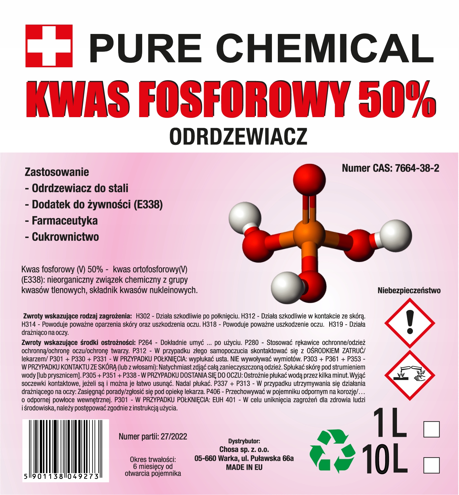 ODRDZEWIACZ DO STALII I ŻELIWA KWAS FOSFOROWY 10L 50% PURE CHEMICAL Producent Inny
