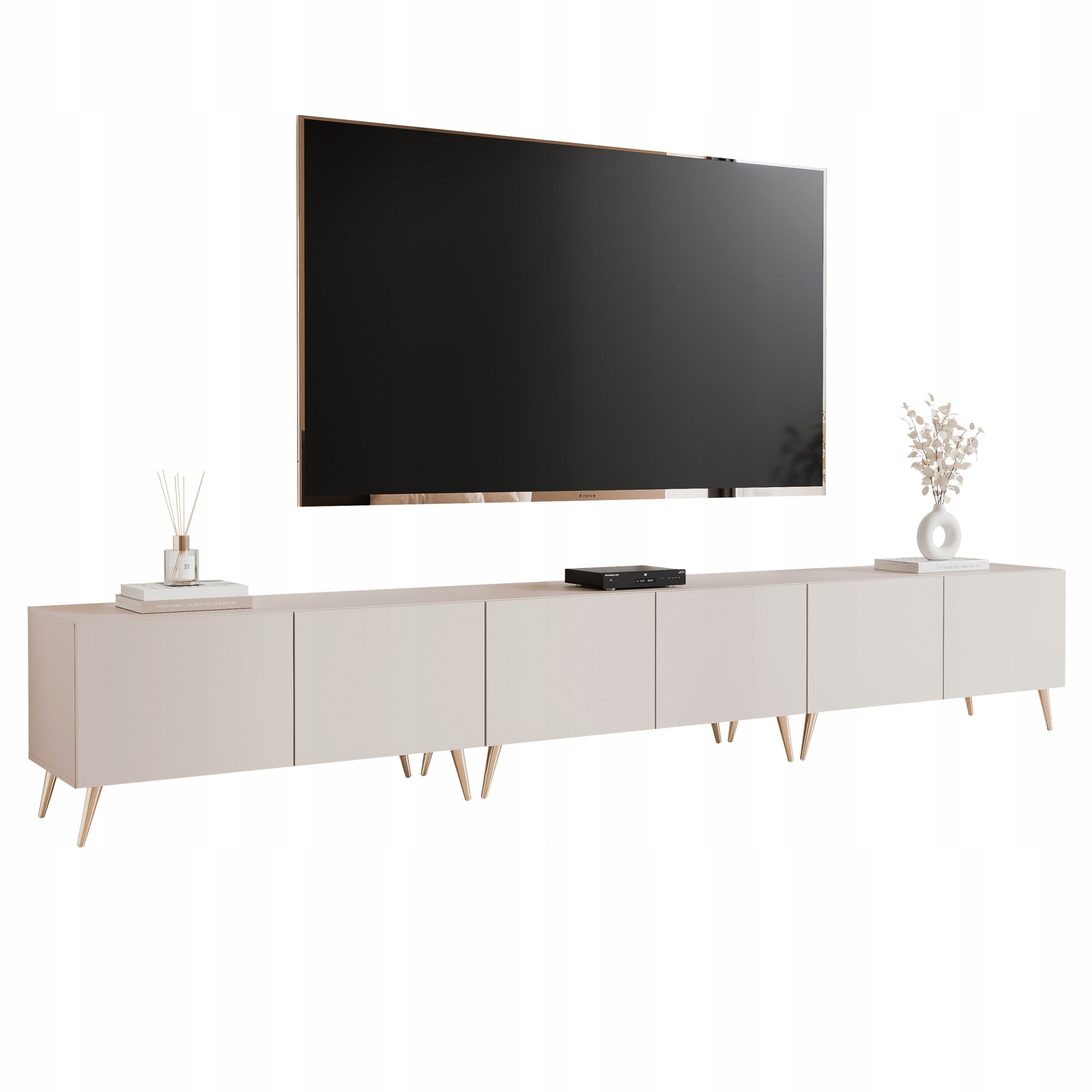 Rtv skříňka na nožkách Angel 300 cm kašmír, Led osvětlení, zlaté nohy