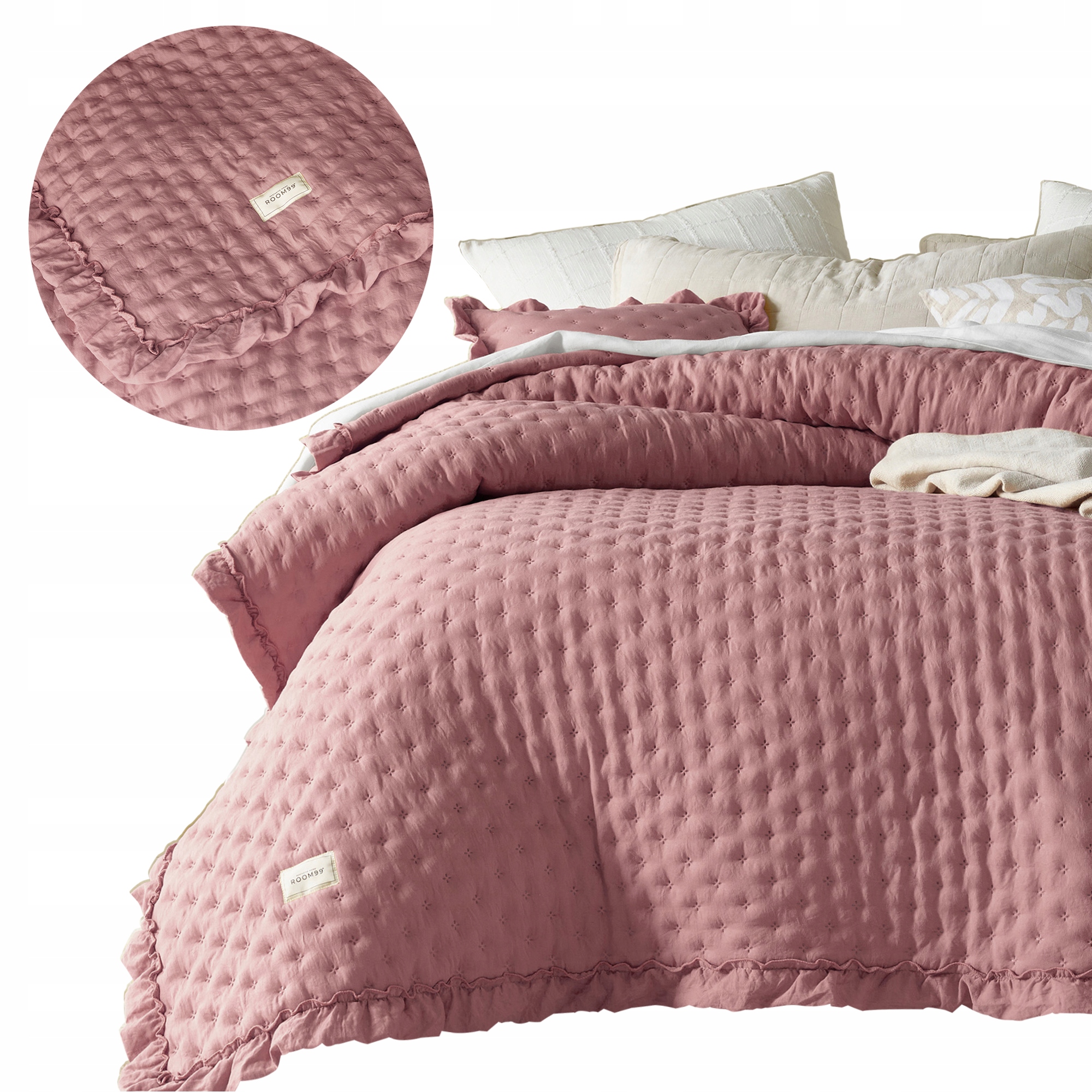 ROOM99 Narzuta na łóżko 220x240 róż indyjski z falbankami Pikowana Molly