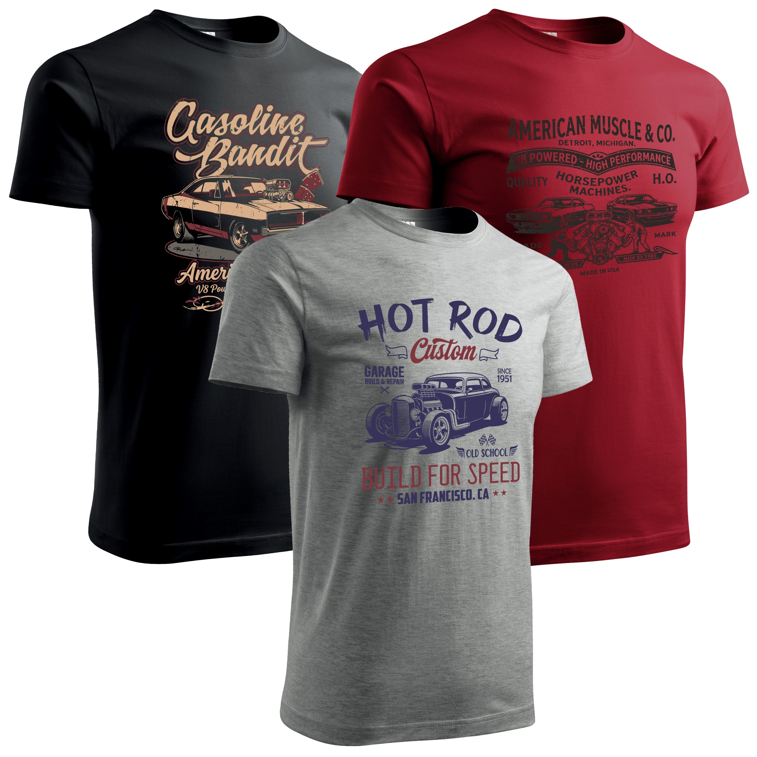 Koszulki męskie 3szt. zestaw koszulek nadruk dla miłośnika motoryzacji 3pak