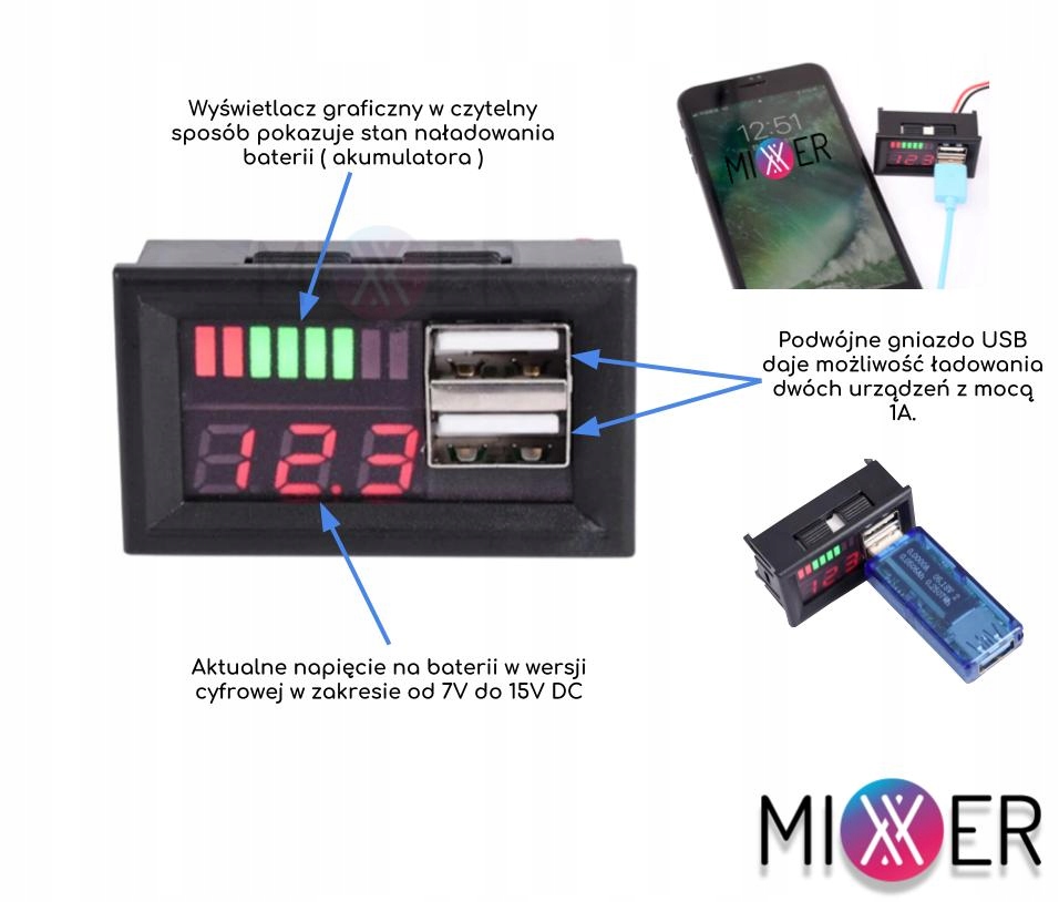 Miernik baterii akumulatorów Ładowanie USB 7-15V Numer katalogowy producenta 00036