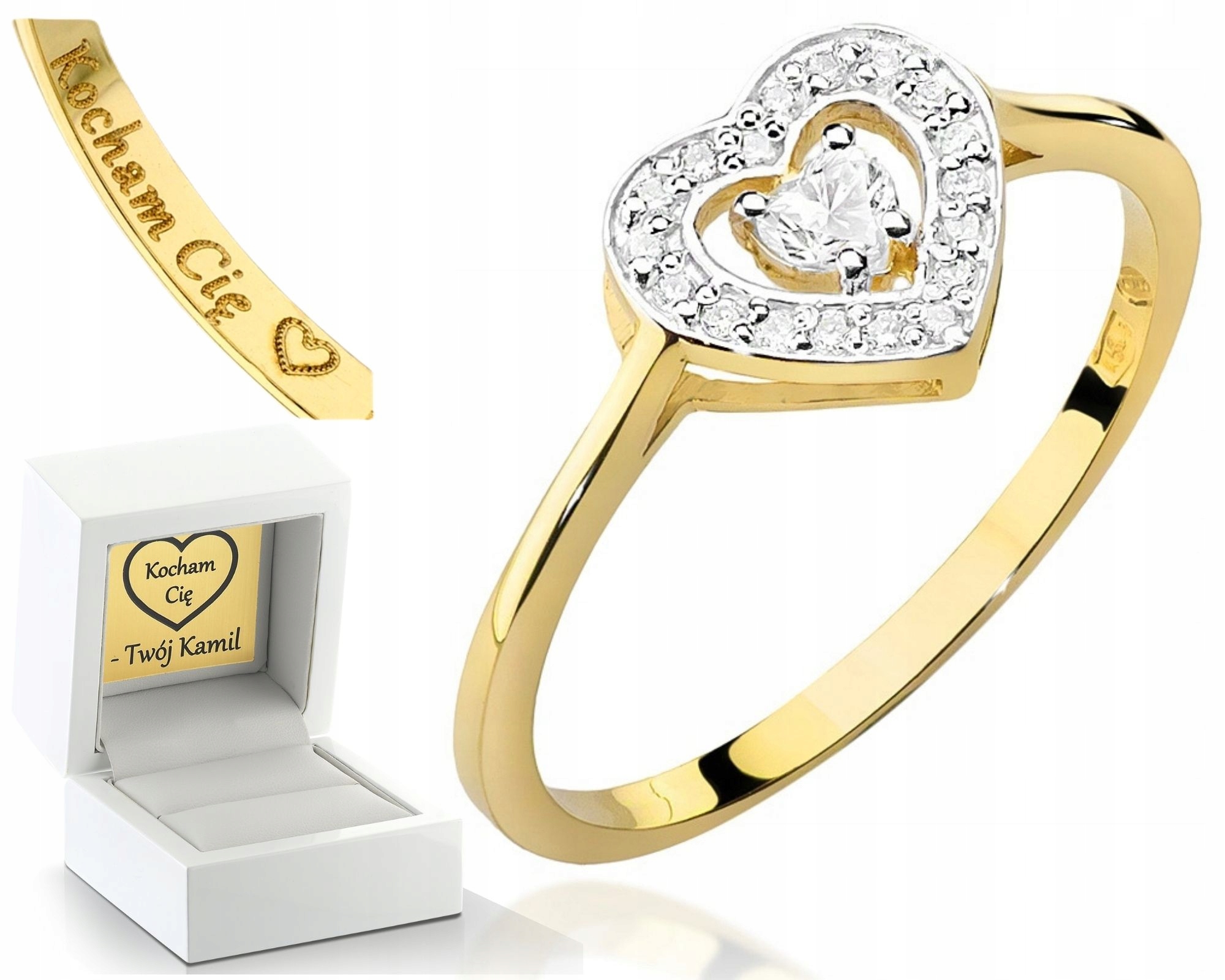 Zlatý Prstýnek Srdce S Brilianty Gravírování Bonus Pro Ženu