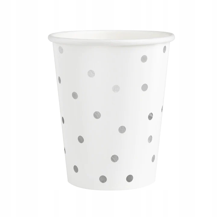 kubeczki papierowe białe w srebrne kropki