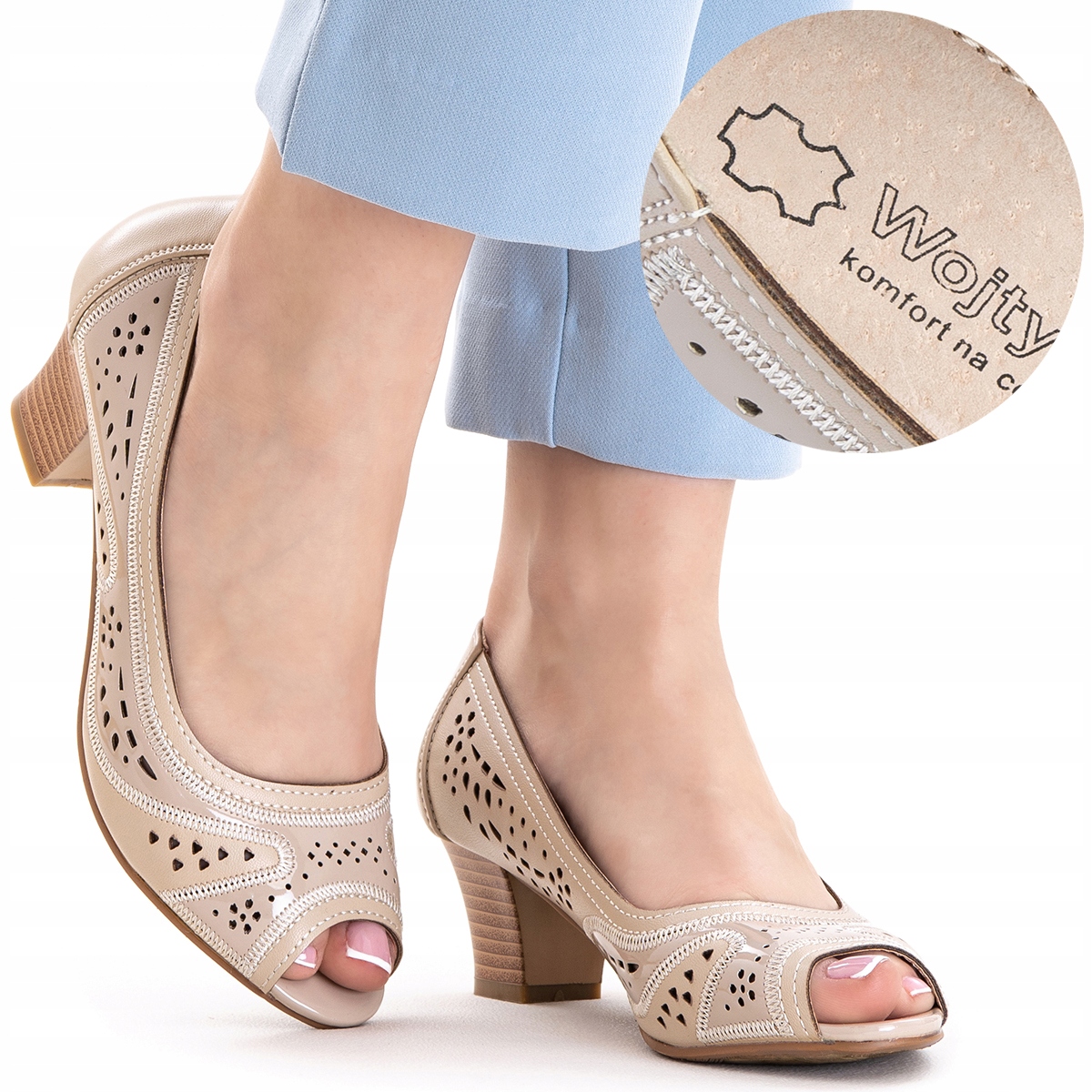 Czółenka w.SKÓRA sandały na słupku Szersze lekkie ażurowe modne Wojtyłko 40