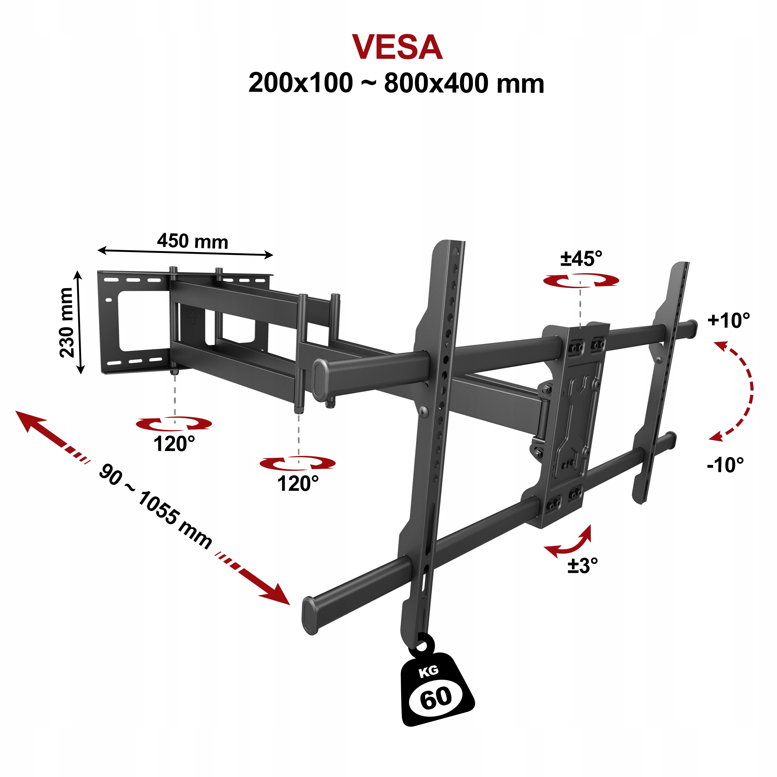 BARDZO DŁUGI Uchwyt do Telewizora TV LCD 32"-80" Stan opakowania oryginalne