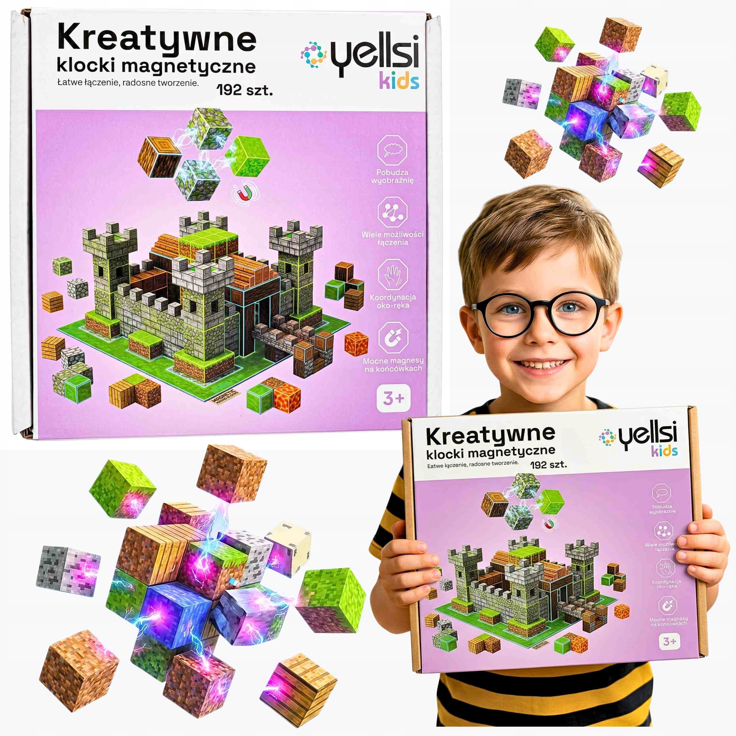 Klocki magnetyczne konstrukcyjne 192 elementy duże zestaw kreatywny Yellsi