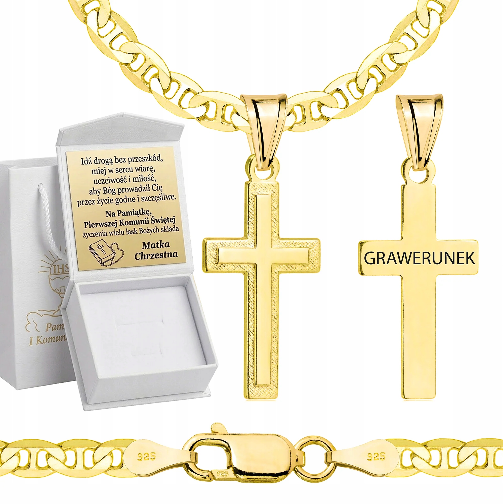 Zlatý Řetízek Na Svatém Svatbě S Křížkem, Vazba Gucci Gravírování, Pozlacený, 50 cm