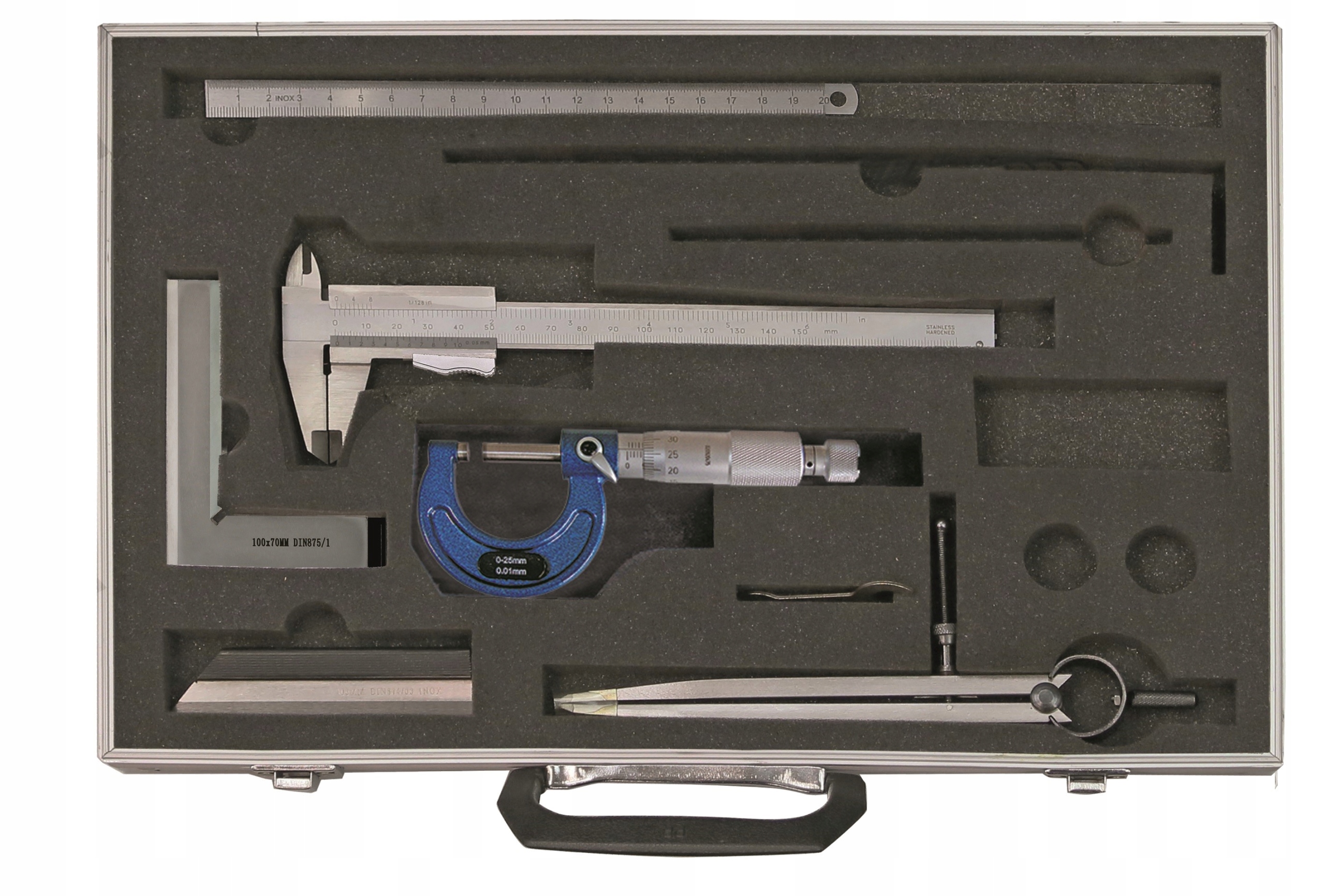 Mikrometr 0-25 Úhelník 100 Linka 100 DIN874/0 Posuvné Měřítko 150 Kružítko