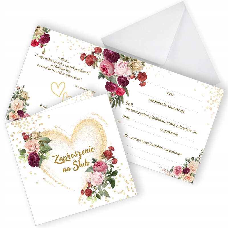 Zaproszenia Ślubne Złote Serce Gotowe plus Biała Koperta ZKS_07