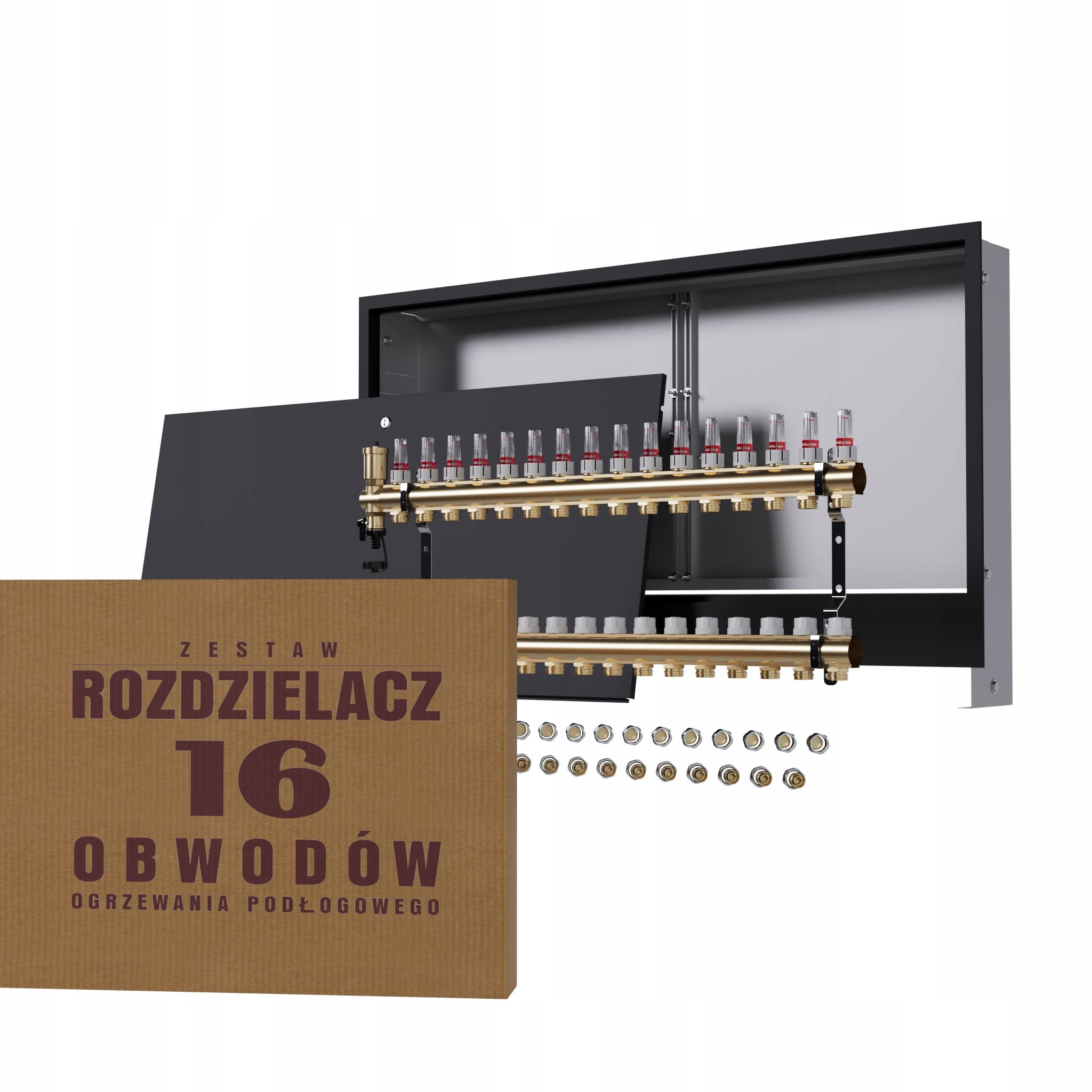 Mosazný rozdělovač pro podlahu 16 okruhů černá skříňka Pex