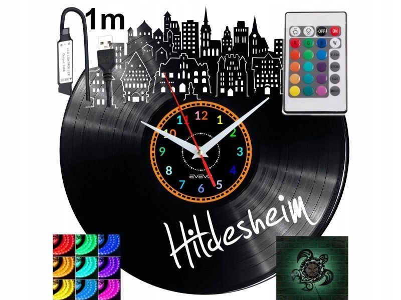 Hildesheim Nástěnné podsvícené Led hodiny Rgb na dálkové ovládání Vinylová deska Nově