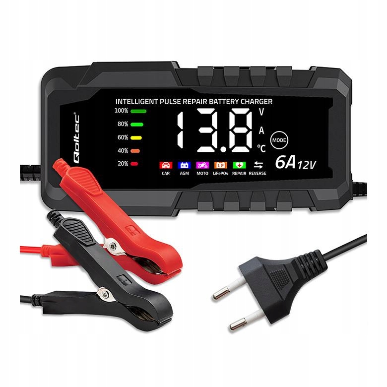 Prostownik Qoltec 52494 12V 6A do Agm Gel LiFePO4 LCD mikroprocesorowy