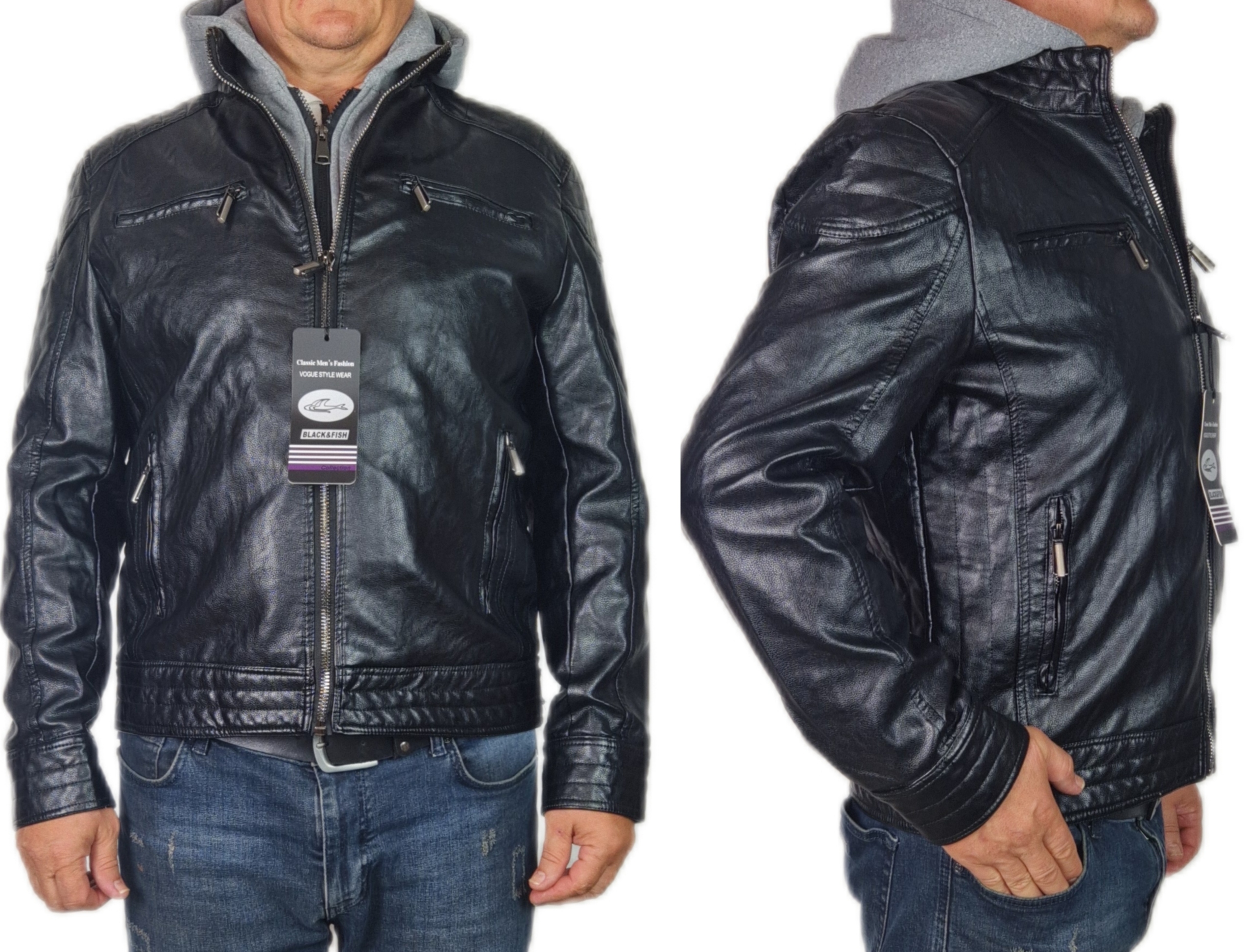 Pánská černá bunda Ecoskin Ramoneska s kapucí