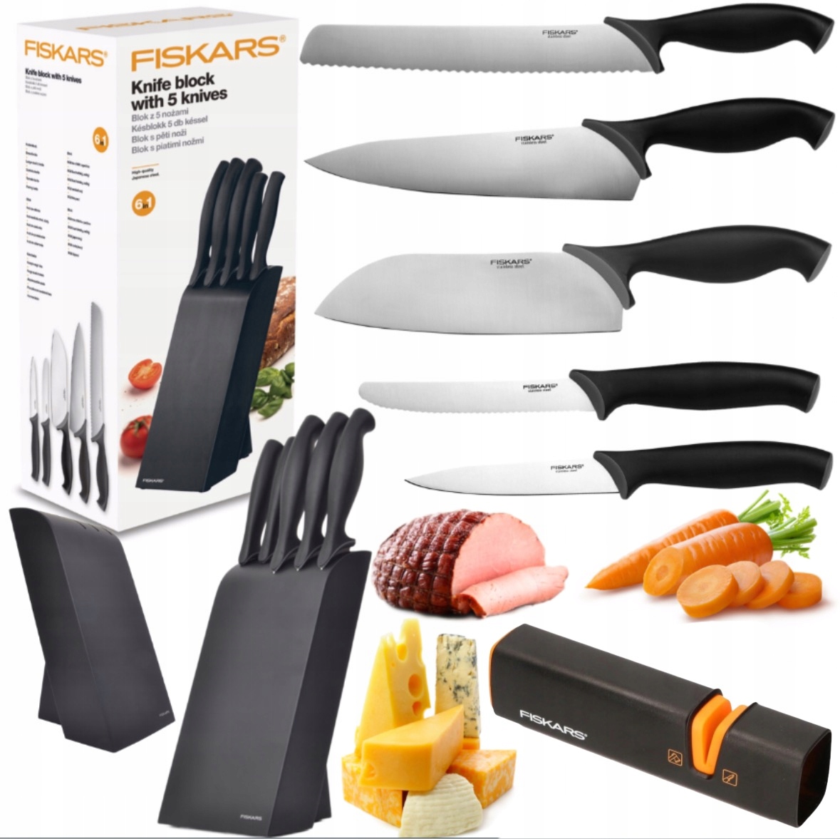 Sada 5 Nožov Šéfkuchára Fiskars V Čiernom Bloku, Ostré Drevo Brusný Kameň