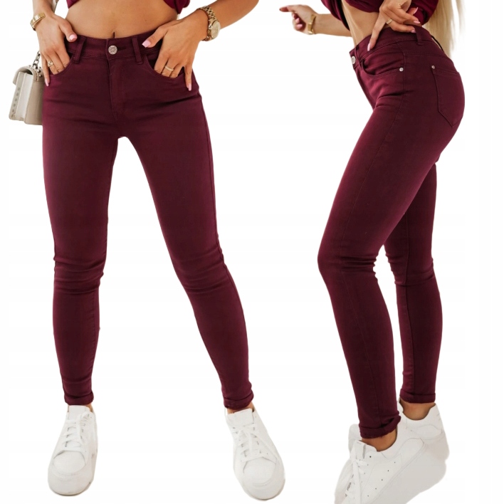 M.sara Spodnie Jeansowe Damskie Rurki Push Up Kolekcja Premium Bordowe