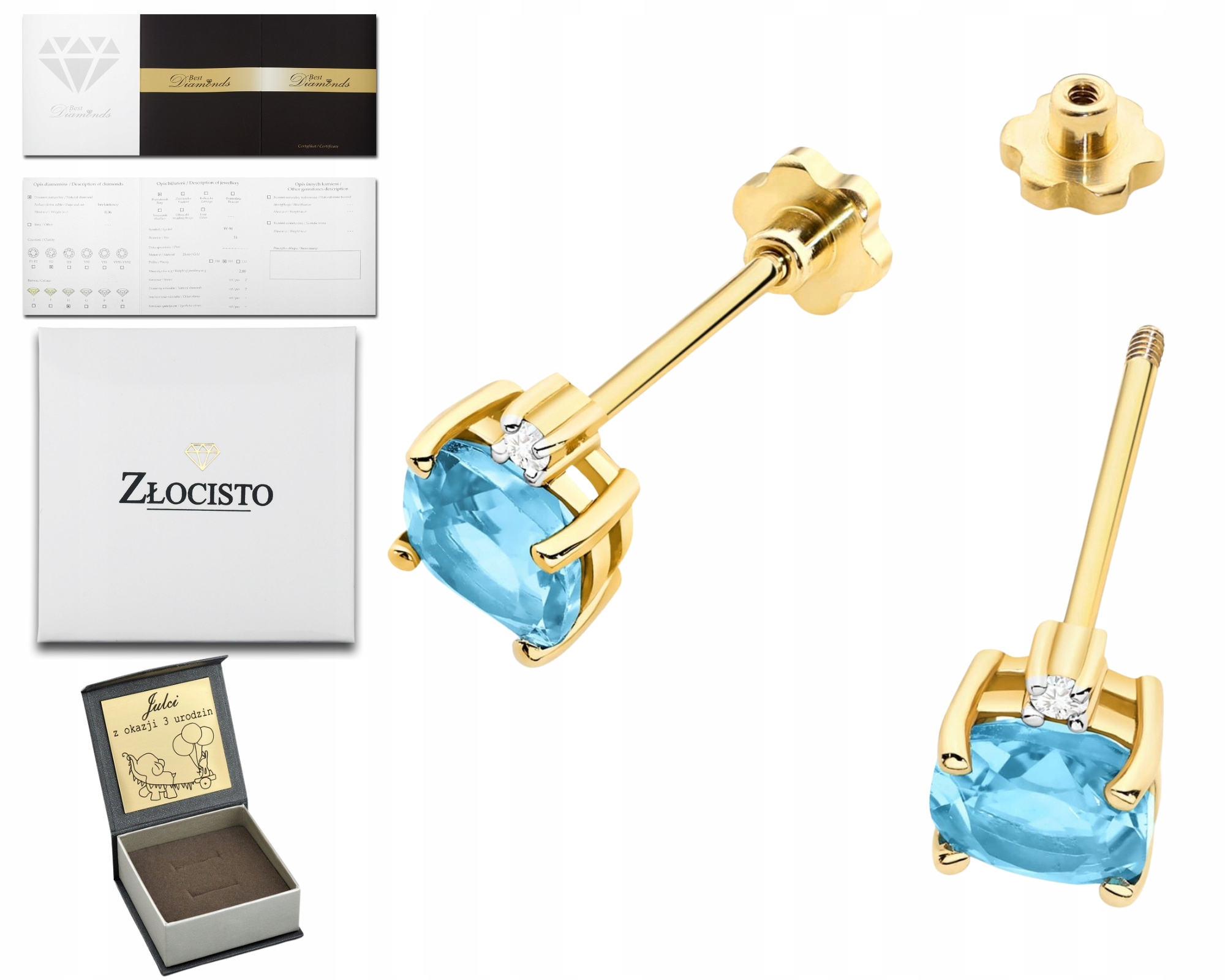 Zlaté Náušnice S Topazem A Brilianty Na Tyči Zlato 585
