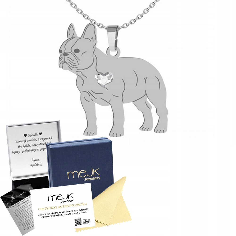 Stříbrný náhrdelník Francouzský Buldoček 925 Šperky Řetízek Gravírování Bonus