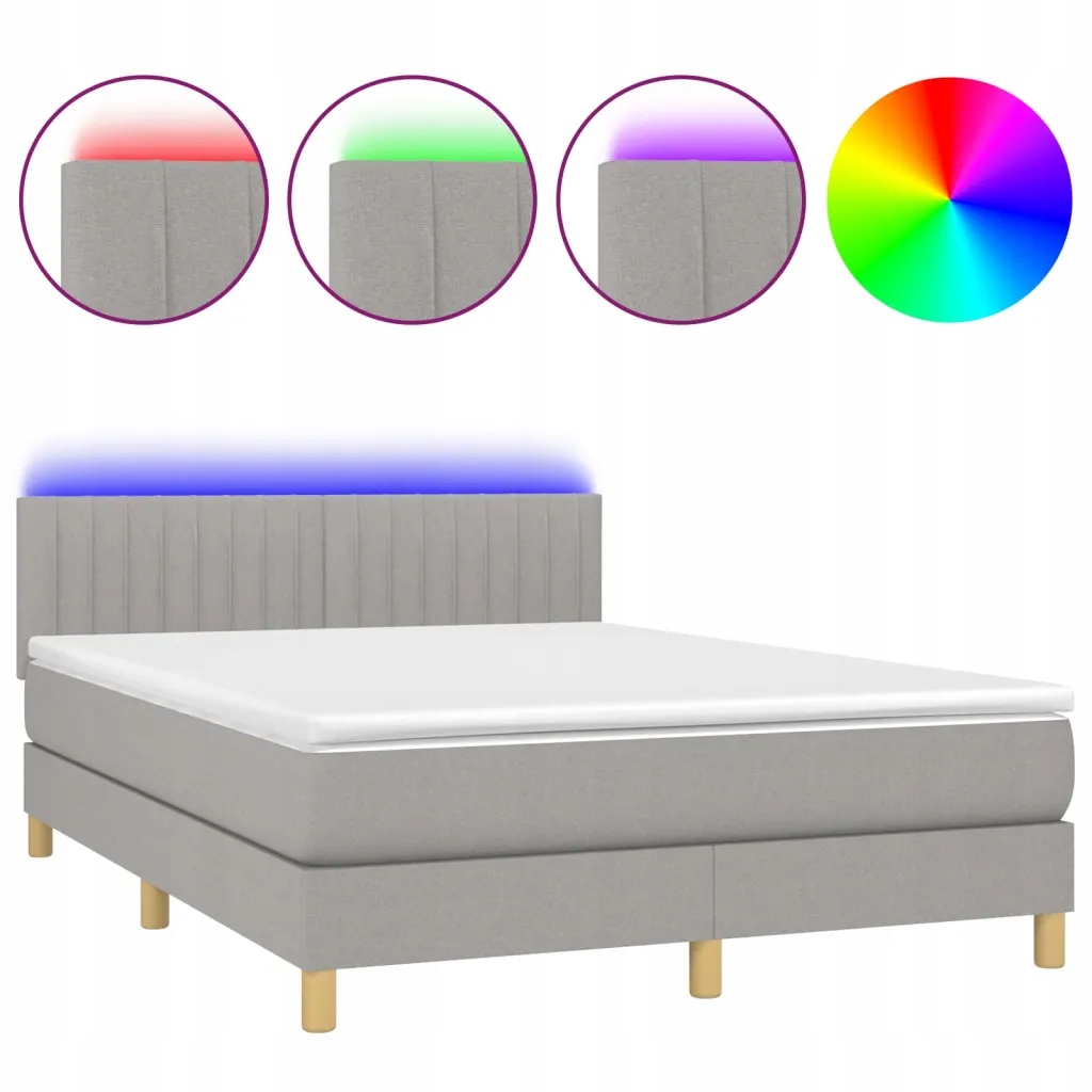 Kontinentální postel s matrací a Led diodami, světle šedá, 203 x 144 x 78/8