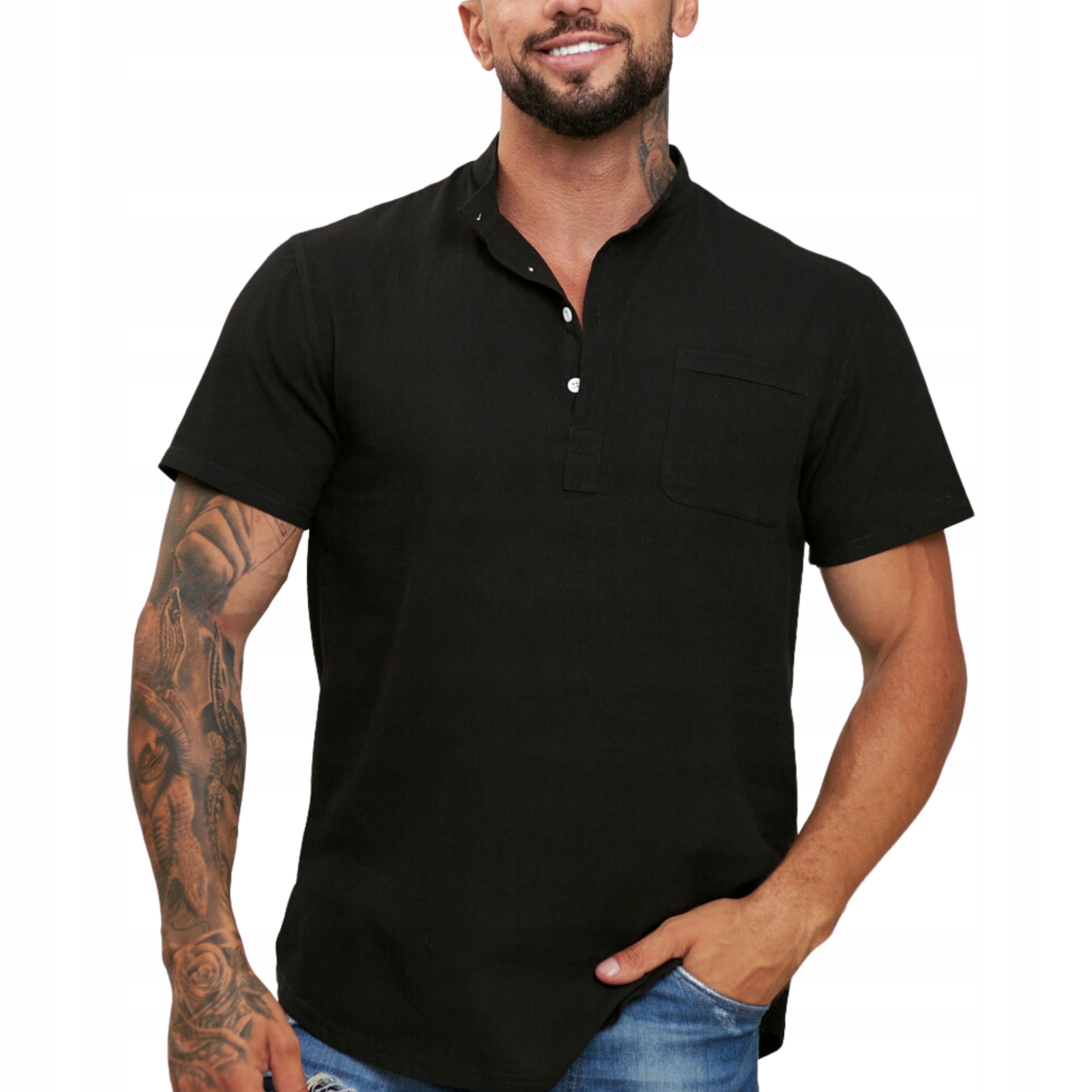 Koszula męska lniana bawełniana z krótkim rękawem stójka casualowa na lato