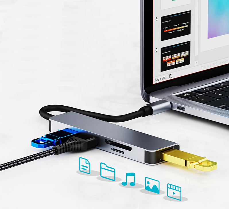 HUB ADAPTER 5W1 USB-C TYP USB 3.0 CZYTNIK SD / TF Liczba portów 5