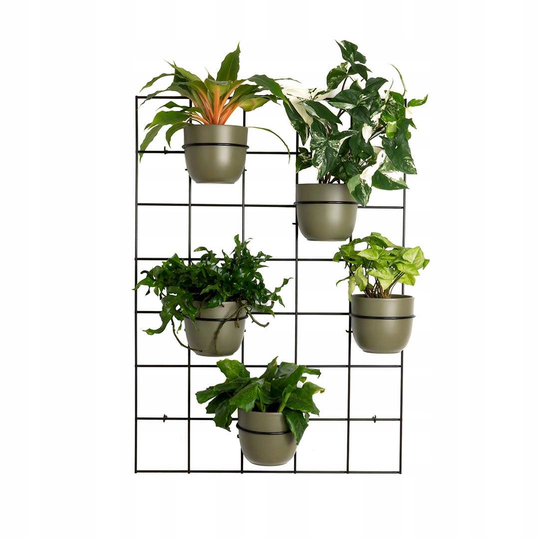 Držák Na Květináč Hedera 2 – mřížka a 5 obručí loft, zelená nástěnná stěna, černá