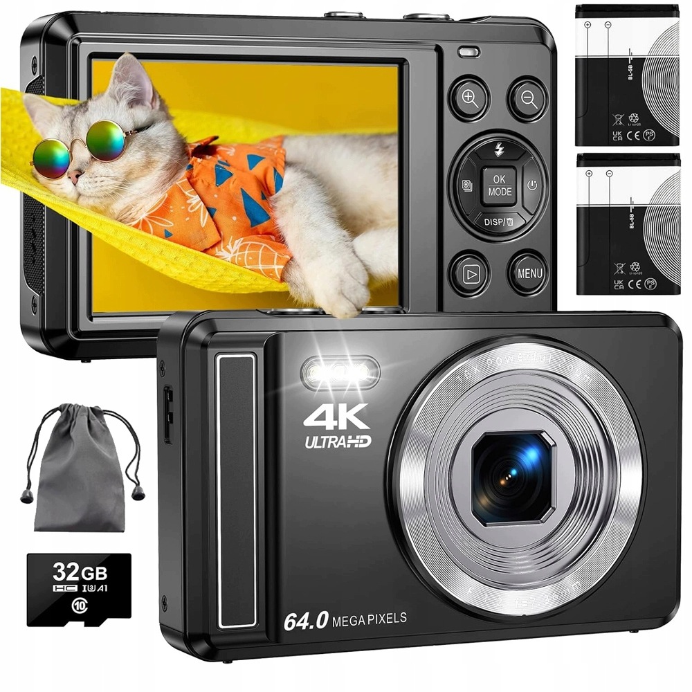 Přenosný Digitální Fotoaparát Černý 4K 64MP 16X Zoom S Automatickým Ostřením