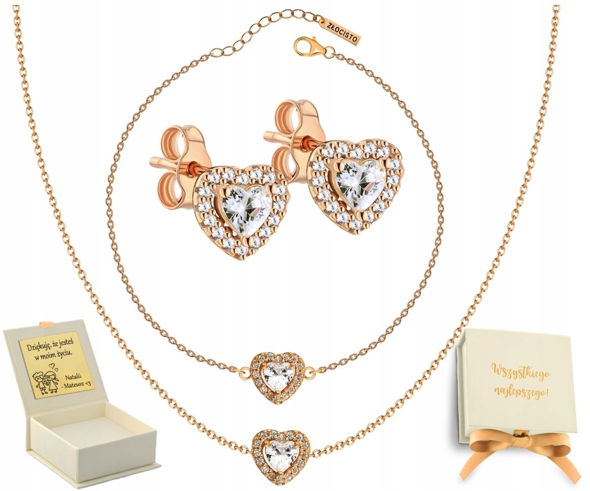 Náušnice Přívěsek Náhrdelník Srdce Komplet Zirkony Stříbro 925 Rose Gold