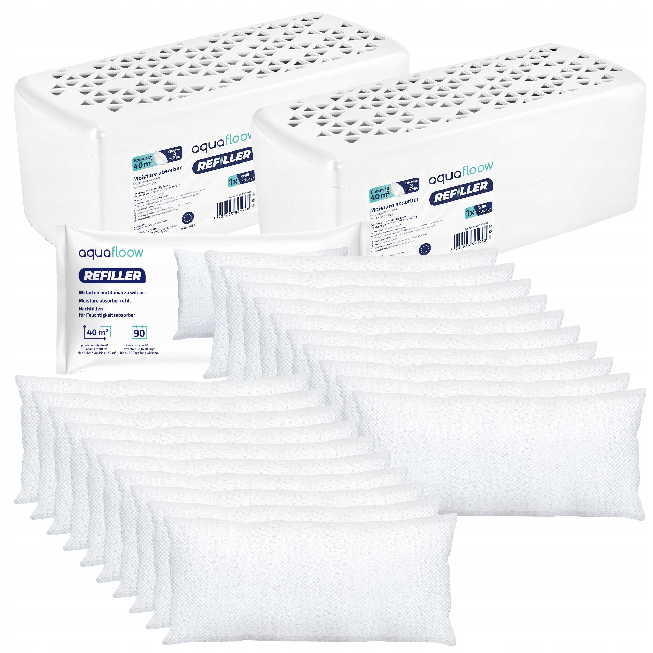 AquaFloow 2x velký odvlhčovač vlhkosti 20x náplň 500 g