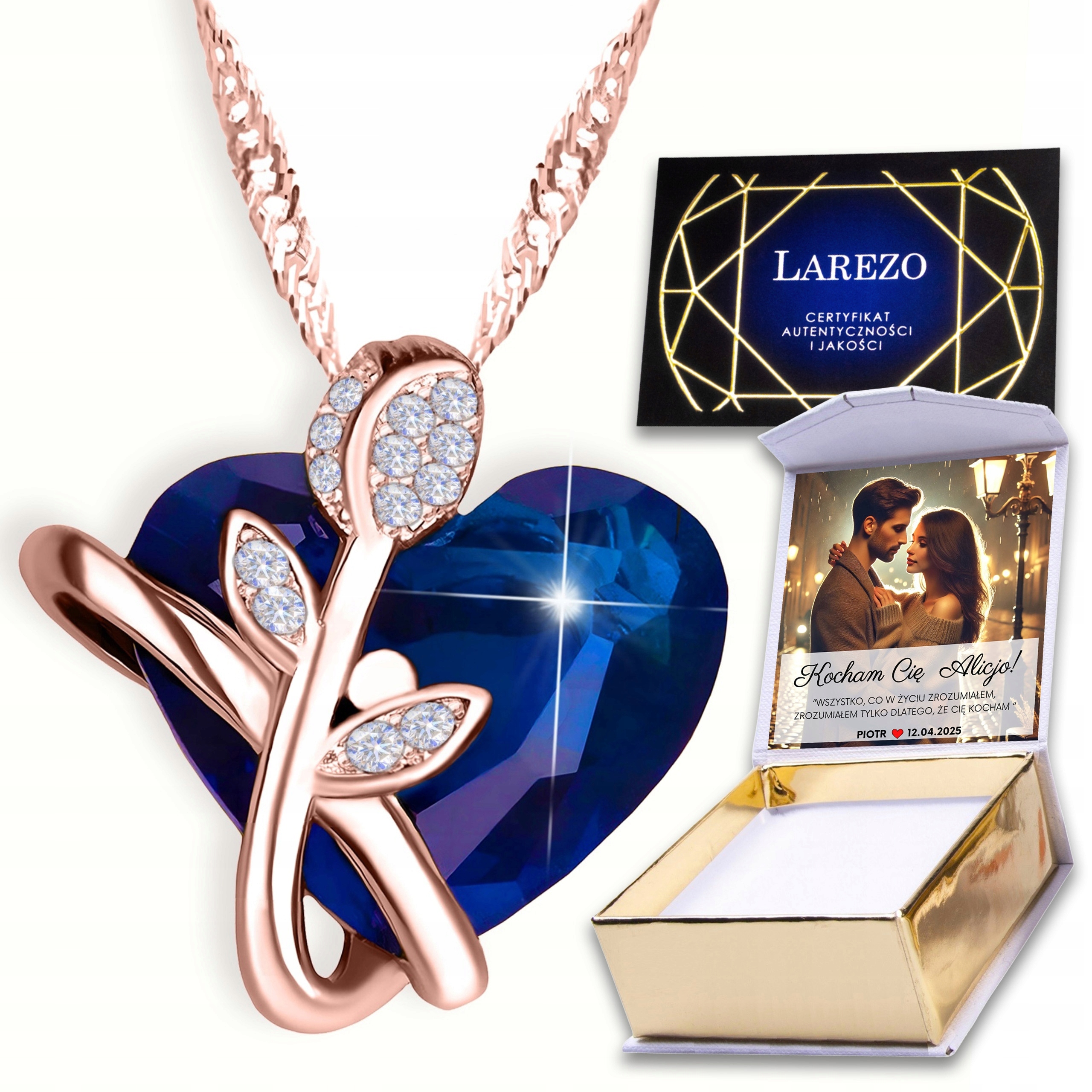 Pozlacený náhrdelník s modrým srdcem Zirkon Růže Květina Tulipán Potisk