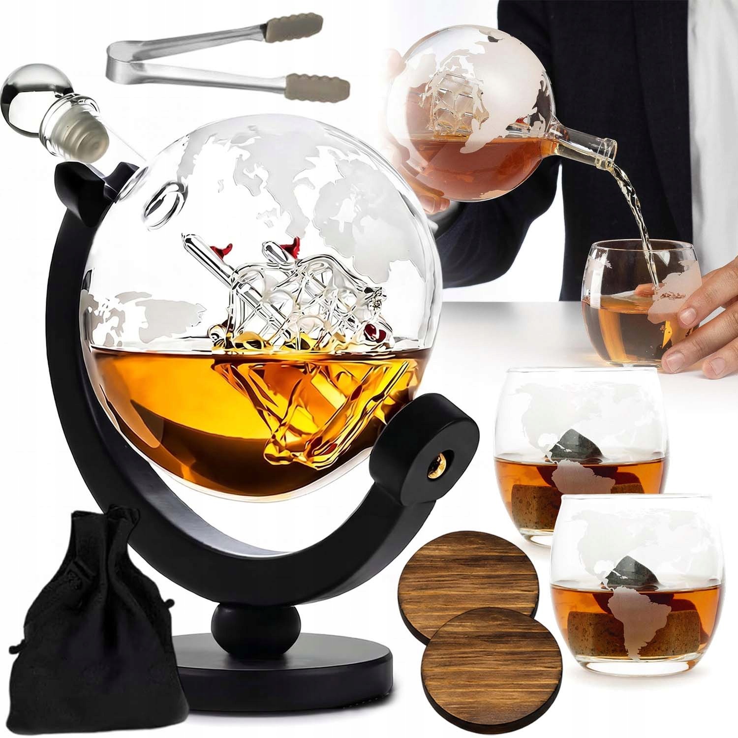 Karafa Na Whisky Globus Loď Prémiový Stojan Ideální Jako Dárek